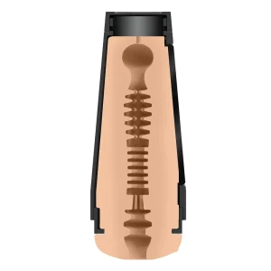 A cross-section of the Doc Johnson Main Squeeze Jewelz Blu UltraSkyn Stroker reveals a textured internal tunnel with ridges, bumps, and chambers, all within a sleek black casing.