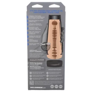The back of the Doc Johnson Main Squeeze Jewelz Blu UltraSkyn Stroker package displays a cross-section diagram of its textured sleeve, labeled features, usage instructions, materials, and the Doc Johnson logo at the bottom. It’s described as a discreet travel stroker.