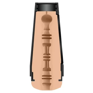 Cross-section illustration of the Doc Johnson Main Squeeze Sybil UltraSkyn Stroker, featuring a textured, soft UltraSkyn inner sleeve with varied ridges and nodules inside a sleek black plastic case.