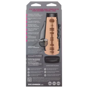Back view of the Doc Johnson Main Squeeze Sybil UltraSkyn Stroker package; grey and pink box displaying the stroker’s internal texture along with features, dimensions, material details, and care instructions on the packaging.