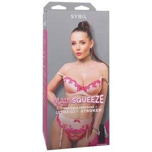 Product packaging for "Doc Johnson Main Squeeze Sybil UltraSkyn Stroker" shows Sybil in pink and white lingerie, hands on her hips, posing against a gray background.