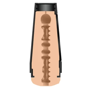Cross-section illustration of the Doc Johnson Main Squeeze Valerica Steele UltraSkyn Stroker, featuring a black outer casing and a flesh textured inner tunnel lined with various ridges and bumps.
