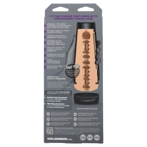Back packaging of the Doc Johnson Main Squeeze Valerica Steele UltraSkyn Stroker shows a cutaway of the textured interior, lists features like "ultra-realistic" feel, includes care instructions, and highlights the discreet travel case and easy cleaning.