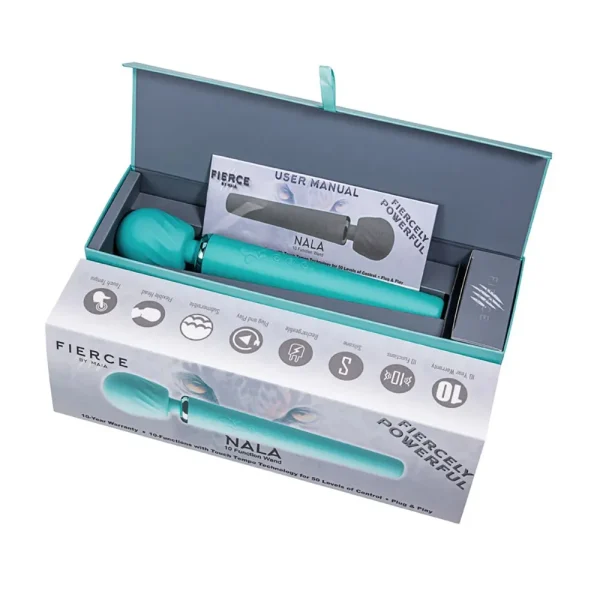 The Maia Toys Nala Rechargeable 10 Function Wand Vibrator, in turquoise, comes in packaging with a user manual. The box displays icons and features such as "Fierce" and "Nala," with the secure massager visible inside.