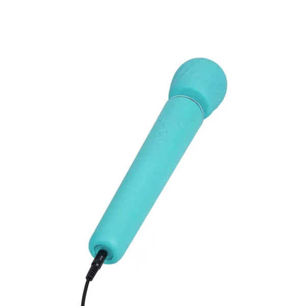The Maia Toys Nala Rechargeable 10 Function Wand Vibrator in turquoise features a rounded head and cord, shown on a white background.