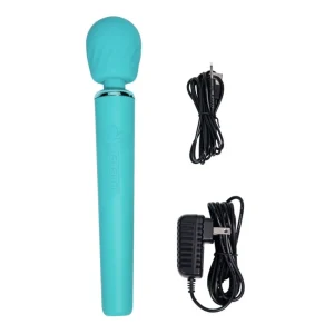 The Maia Toys Nala Rechargeable 10 Function Wand Vibrator is shown in turquoise with a large rounded head, accompanied by a USB charging cable and a black power adapter.