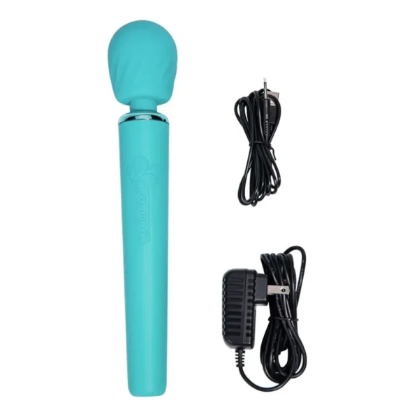 The Maia Toys Nala Rechargeable 10 Function Wand Vibrator is shown in turquoise with a large rounded head, accompanied by a USB charging cable and a black power adapter.