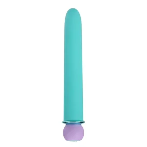 The Maia Toys Rori Rechargeable 10 Function Bullet Vibrator is a turquoise bullet vibe with a rounded tip and a purple base.