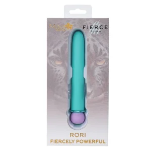A turquoise and purple Maia Toys Rori Rechargeable 10 Function Bullet Vibrator in packaging with a bold leopard face. The box reads "Rori Fiercely Powerful" and features the "Fierce by Maia" branding.