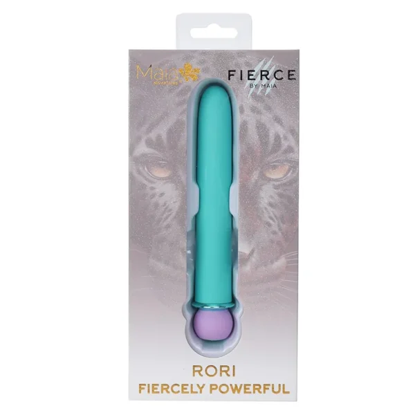 A turquoise and purple Maia Toys Rori Rechargeable 10 Function Bullet Vibrator in packaging with a bold leopard face. The box reads "Rori Fiercely Powerful" and features the "Fierce by Maia" branding.