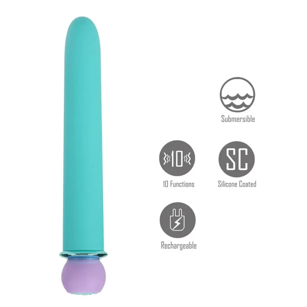 The Maia Toys Rori Rechargeable 10 Function Bullet Vibrator come in blue and pink colour options, features a silicone coating, offers 10 vibration modes, is submersible, and rechargeable.