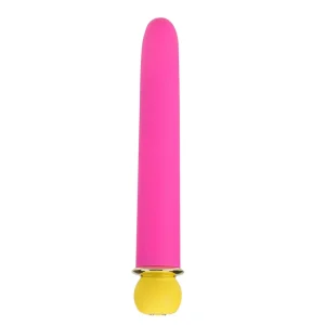 The Maia Toys Rori Rechargeable 10 Function Bullet Vibrator is a pink, bullet vibe with a rounded tip and yellow base, pictured standing upright against a white background.