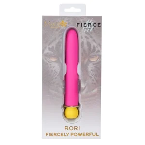 A pink and yellow Maia Toys Rori Rechargeable 10 Function Bullet Vibrator, in packaging labeled "Fierce by Maia" and "Rori Fiercely Powerful," set against a leopard face background.