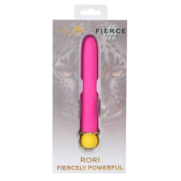 A pink and yellow Maia Toys Rori Rechargeable 10 Function Bullet Vibrator, in packaging labeled "Fierce by Maia" and "Rori Fiercely Powerful," set against a leopard face background.