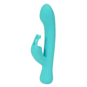 The Maia Toys Zara Rechargeable 10 Function Rabbit Vibrator is a turquoise silicone vibrator with a curved shaft and flexible extension for simultaneous internal and external stimulation.