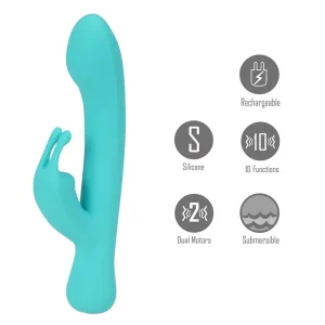 The Maia Toys Zara Rechargeable 10 Function Rabbit Vibrator, shown in turquoise silicone with a curved shaft and external stimulator, features dual motors, 10 functions, is submersible, and made of body-safe silicone.