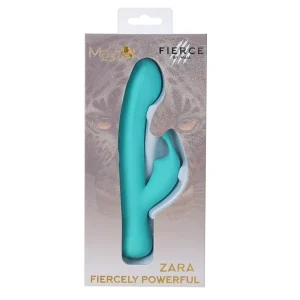 The Maia Toys Zara Rechargeable 10 Function Rabbit Vibrator, a teal dual-action sex toy, is shown in a retail box with a subtle leopard face and gold "Fiercely Powerful" text at the bottom.