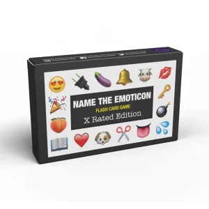 A black box for "Name The Emoticon X Rated Card Game," featuring emojis like heart-eyes, plug, bell, cow, lips, peach, eggplant, water drops, and more.