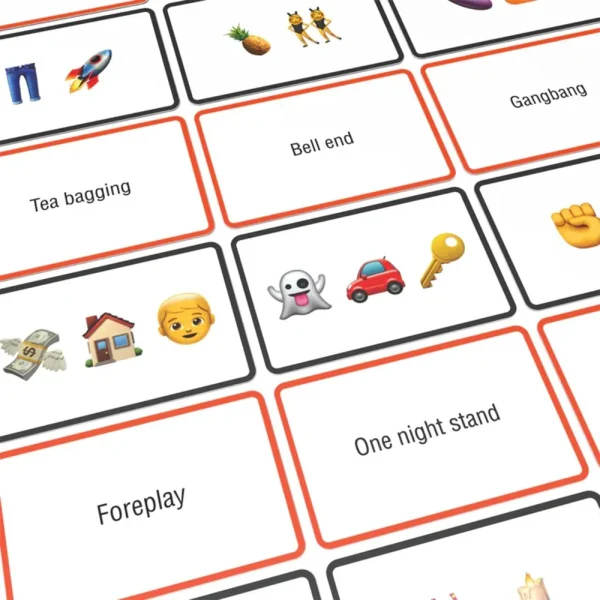 Name The Emoticon X Rated Card Game includes cards bordered in red, featuring phrases like “Tea bagging,” “Bell end,” “Foreplay,” and “One night stand”—some illustrated with emoji combinations.