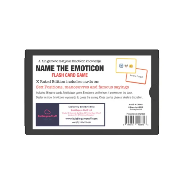 A rectangular box for the "Name The Emoticon X Rated Card Game." The back lists adult-themed game details, instructions, company info, and icons in the corner.
