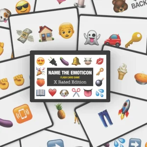 A stack of flash cards featuring emoji combos is shown, with a central packaging displaying "Name The Emoticon X Rated Card Game" surrounded by various emojis.