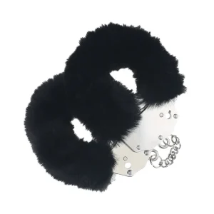 The Ouch Heavy-Duty Fluffy Handcuffs are silver metal cuffs with soft black faux fur and a connecting chain.