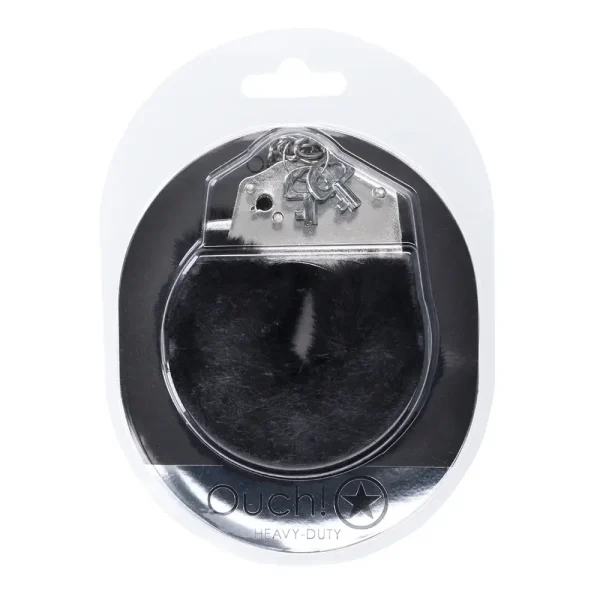 A package contains a pair of black Ouch Heavy-Duty Fluffy Handcuffs with two small keys attached.
