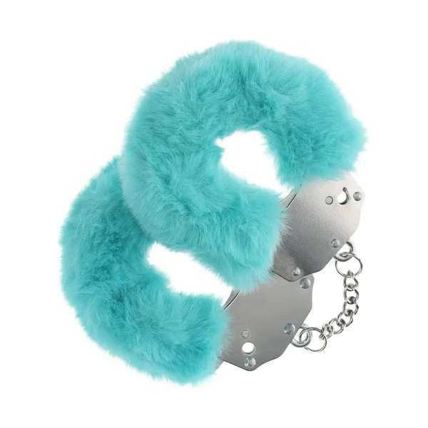 The Ouch Heavy-Duty Fluffy Handcuffs are silver metal cuffs covered in bright turquoise blue faux fur and linked by a short chain.