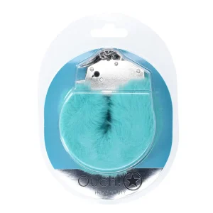 A pair of Ouch Heavy-Duty Fluffy Handcuffs with silver cuffs and light blue faux fur, shown in clear plastic packaging.