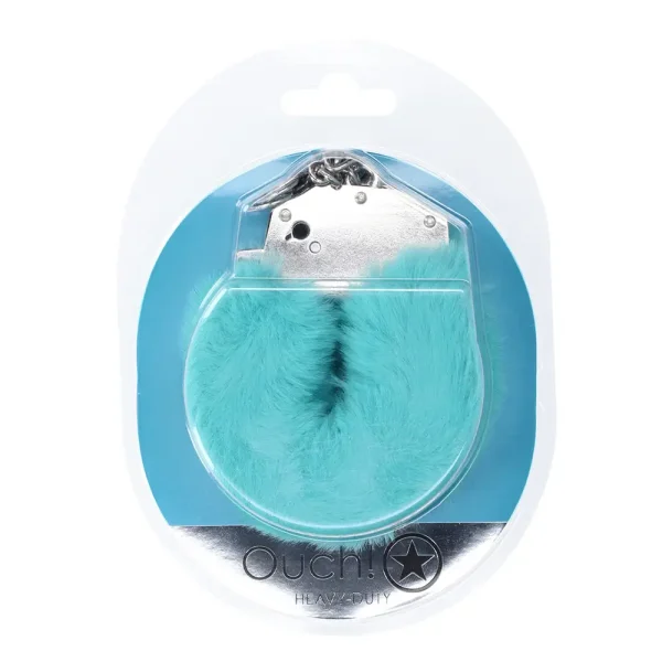 A pair of Ouch Heavy-Duty Fluffy Handcuffs with silver cuffs and light blue faux fur, shown in clear plastic packaging.