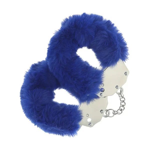 The Ouch Heavy-Duty Fluffy Handcuffs are metal cuffs covered in navy blue faux fur, connected by a short chain, displayed against a white background.