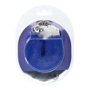 Ouch Heavy-Duty Fluffy Handcuffs are a silver metal cuffs with navy blue faux fur, they come in a clear plastic case with blue backing. The package displays "Ouch! Heavy Duty" at the bottom.