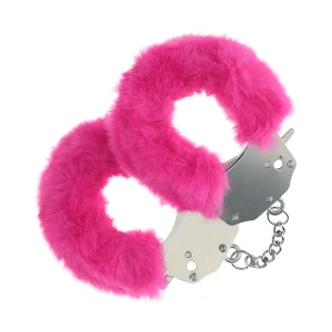 The Ouch Heavy-Duty Fluffy Handcuffs feature a pair of sturdy metal cuffs covered in vibrant pink faux fur, joined by a short metal chain.