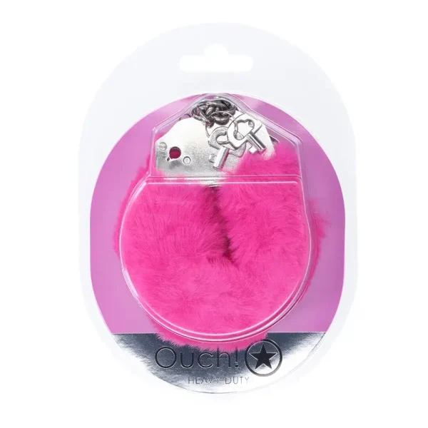 Ouch Heavy-Duty Fluffy Handcuffs are silver cuffs with bright pink faux fur and two small keys, packaged in a clear case with a pink background. The packaging reads "Ouch! Heavy Duty.