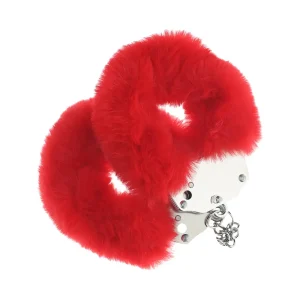 The Ouch Heavy-Duty Fluffy Handcuffs are metal handcuffs covered in vibrant red, soft faux fur.
