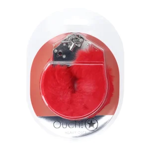 Ouch Heavy-Duty Fluffy Handcuffs are metal handcuffs covered in bright red faux fur, packaged in a clear plastic case with an attached key and labeled "Ouch! Heavy-Duty" at the bottom.