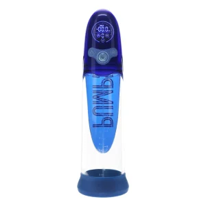 The Pumped Aqua Pro AI Enabled Submersible Automatic Penis Pump is a blue, transparent penis pump with a top display screen, control buttons, measurement markings on the side, and stands upright on a blue base.