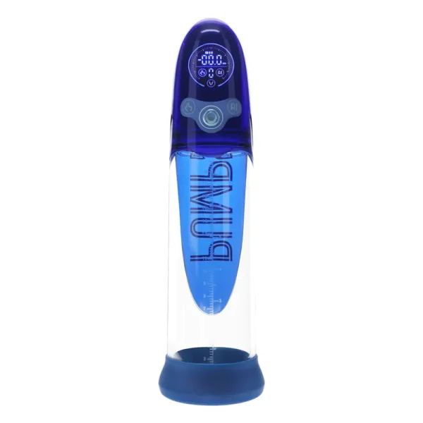 The Pumped Aqua Pro AI Enabled Submersible Automatic Penis Pump is a blue, transparent penis pump with a top display screen, control buttons, measurement markings on the side, and stands upright on a blue base.