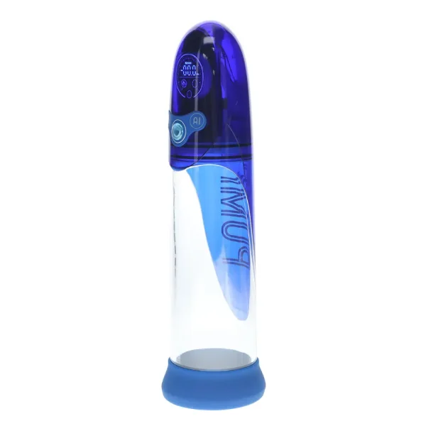 The Pumped Aqua Pro AI Enabled Submersible Automatic Penis Pump features a transparent cylindrical body with a blue base, blue inner component, and a dark-blue top equipped with buttons and display markings.