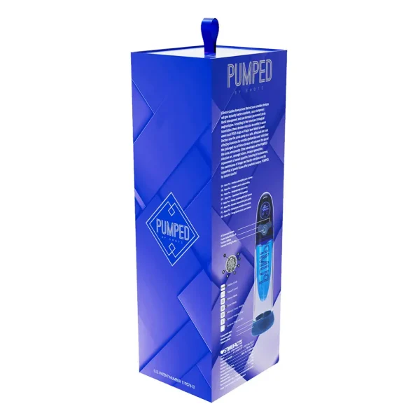 A tall, blue retail box labeled "PUMPED" displays images and descriptions of the Pumped Aqua Pro AI Enabled Submersible Automatic Penis Pump. The box features a blue handle on top and geometric design elements.