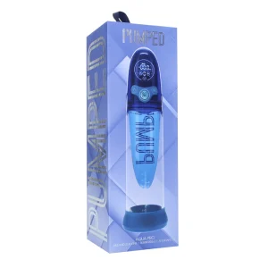 Blue packaging for "Pumped Aqua Pro AI Enabled Submersible Automatic Penis Pump," featuring an image of the digital pump device with buttons, a transparent chamber, and clear branding plus product details on the box.