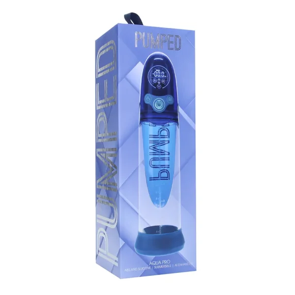 Blue packaging for "Pumped Aqua Pro AI Enabled Submersible Automatic Penis Pump," featuring an image of the digital pump device with buttons, a transparent chamber, and clear branding plus product details on the box.