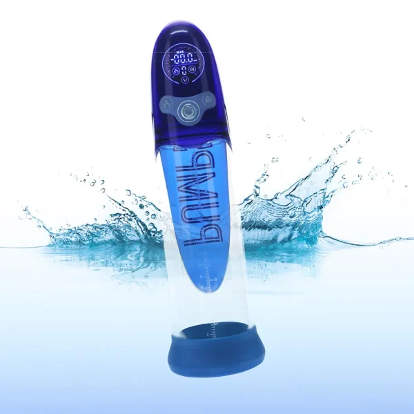 The Pumped Aqua Pro AI Enabled Submersible Automatic Penis Pump is a blue, transparent penis pump with a digital display on top, partially submerged in splashing water (implying that it is waterproof) and "PUMP" printed vertically on the side.