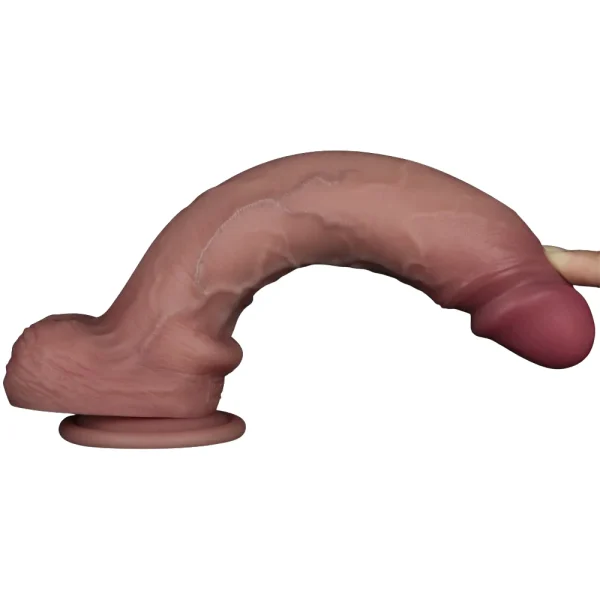 A finger bending the Sliding Skin Pro II Realistic 10 Inch Dual Layer Silicone Dildo, showing it's flexibility.