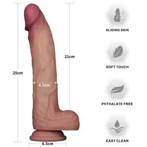 The Sliding Skin Pro II Realistic 10 Inch Dual Layer Silicone Dildo stands upright with markings showing its 25cm length, 4.5cm diameter, and 6.5cm base. Features include sliding skin, soft touch, phthalate-free material, and easy cleaning.