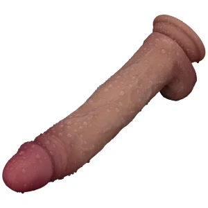 The Sliding Skin Pro II Realistic 10 Inch Dual Layer Silicone Dildo, covered in water droplets showing it is waterproof.