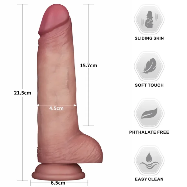 The Sliding Skin Pro II Realistic 8.5 Inch Dual Layer Silicone Dildo features a flesh-toned, veined look, sliding skin, soft touch, is phthalate-free and easy to clean. Measures 21.5 cm long and 6.5 cm wide at the base.