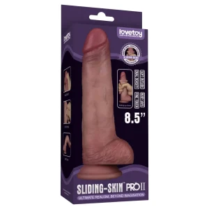 The image shows the packaging for the "Sliding Skin Pro II Realistic 8.5 Inch Dual Layer Silicone Dildo," featuring a lifelike design, suction base, and boxed packaging highlighting its realistic appearance and 8.5-inch size.