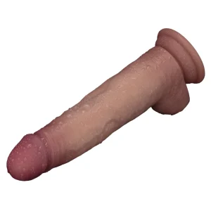 The Sliding Skin Pro II Realistic 8.5 Inch Dual Layer Silicone Dildo, covered in water drops, showing it is waterproof.