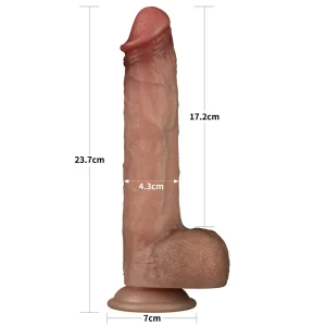 The Sliding Skin Pro Realistic 9 Inch Dual Layer Silicone Dildo in flesh tone stands upright, showing a total height of 23.7 cm, shaft length of 17.2 cm, diameter of 4.3 cm, and base width of 7 cm.